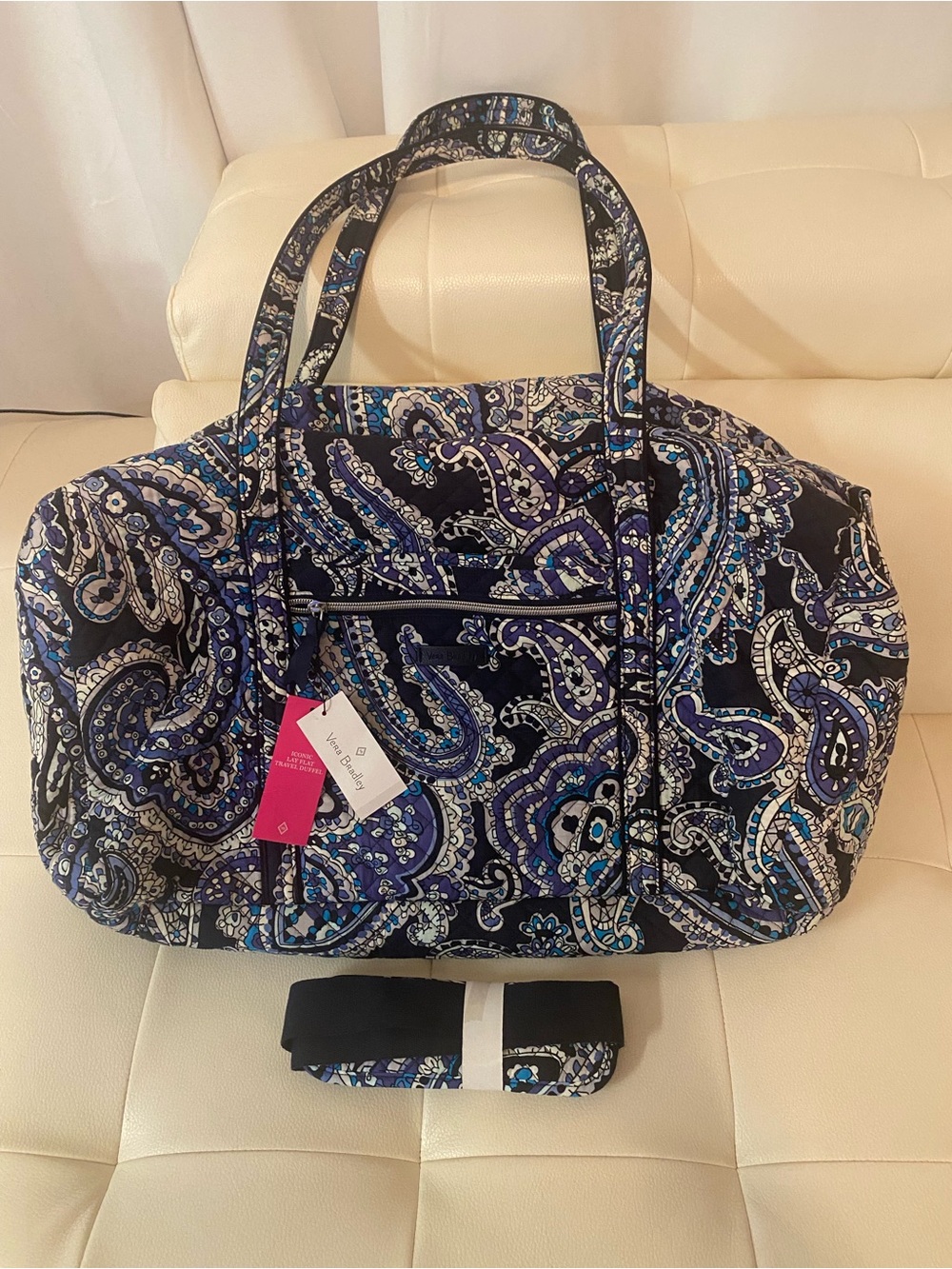 Vera Bradley Navy Blue and White Paisley Quilted Travel Duffel Bag